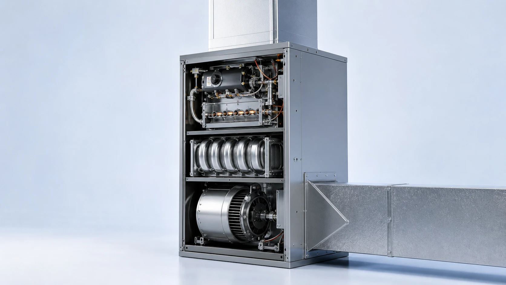 Open modern residential furnace showing the burner assembly, heat exchanger and blower motor
