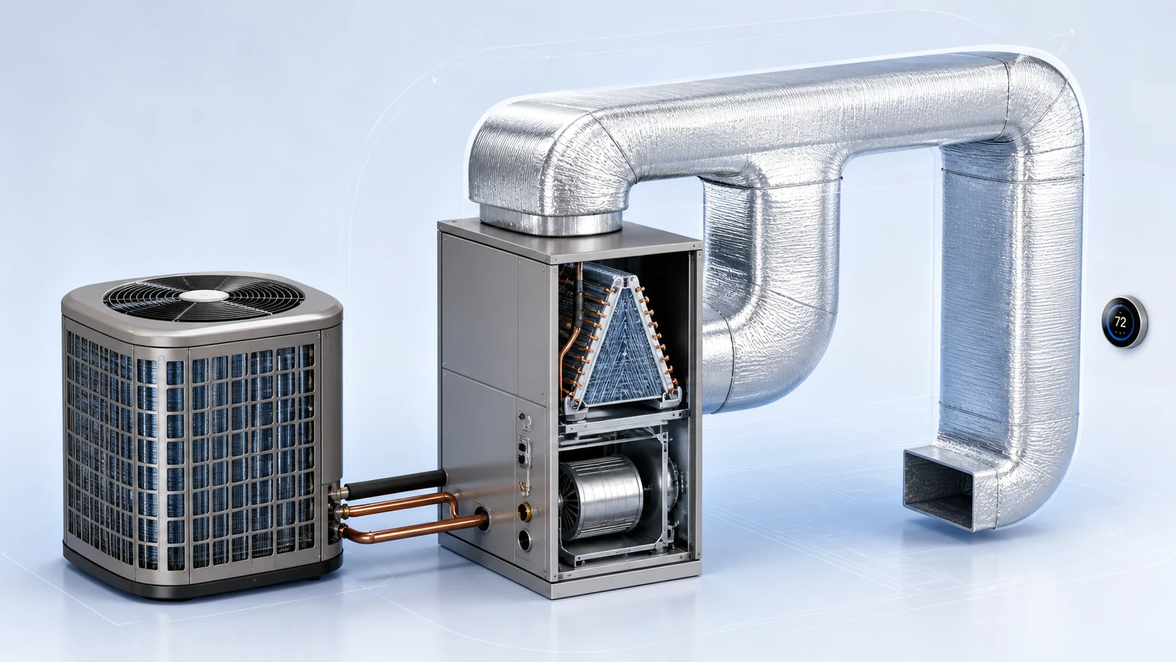 Central air conditioning system showing the outdoor condenser, indoor coil and blower, ductwork and thermostat